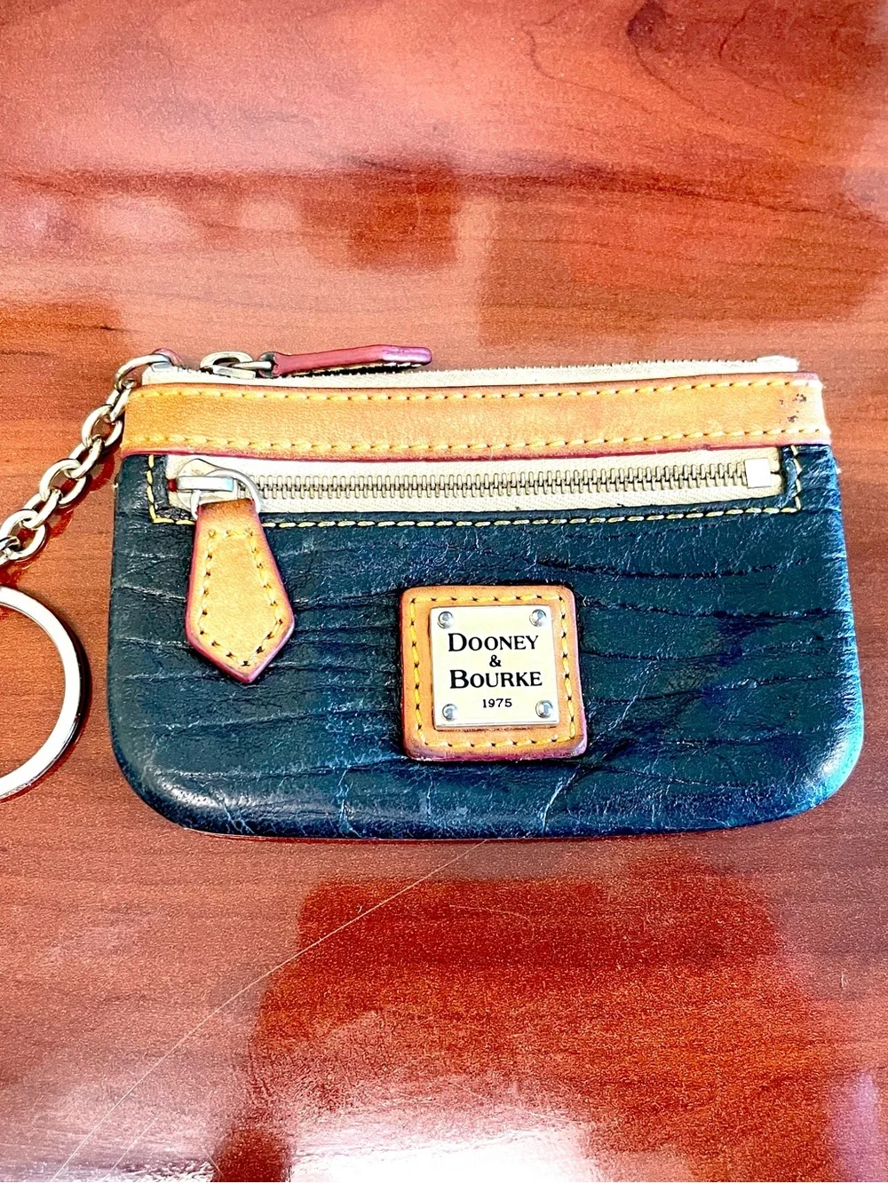 Dooney & Bourke Black and Tan Leather Keychain Wallet/Card Holder